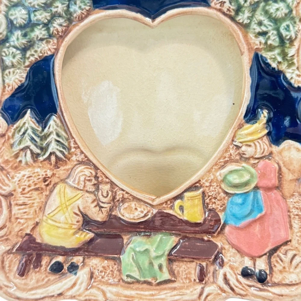 Vintage Ceramic Picture Frame 5x5in Tan Heart Shape Embossed Folk Scene Japan
